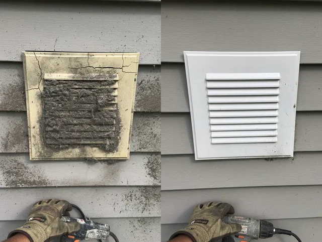 Lake Wylie Dryer Vent Cleaning technician installing high-quality dryer vent cover at a residential property in Lake Wylie